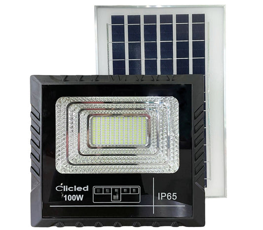 Solar-LED-Scheinwerfer 100 W mit Solarpanel-Ladeanzeige, kaltes Licht, angeklickt 