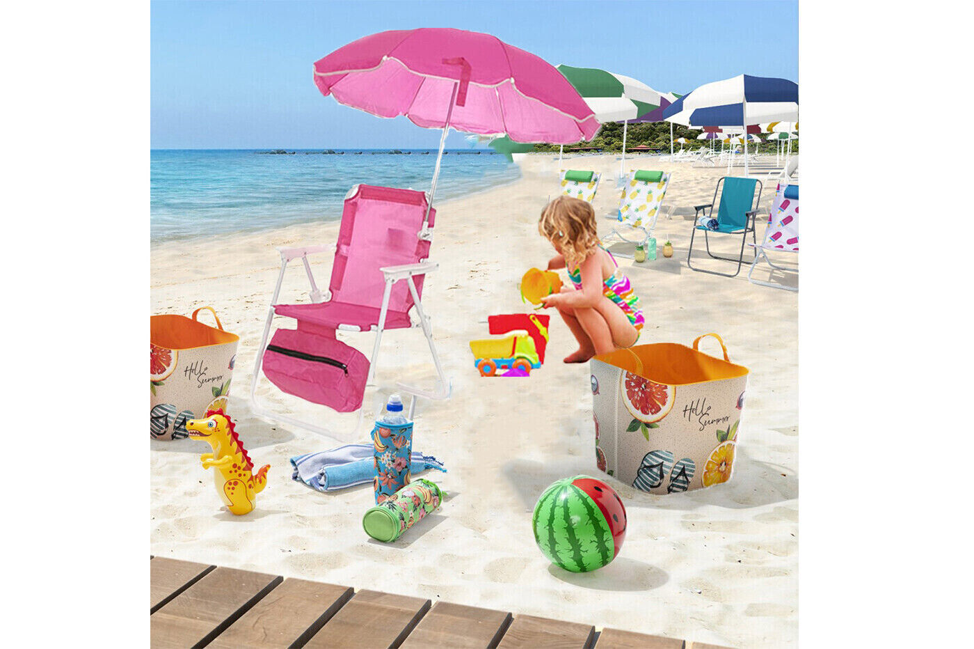 Sedia Mare Per Bambini Ombrellino Spiaggina Bimba Pieghevole Rosa