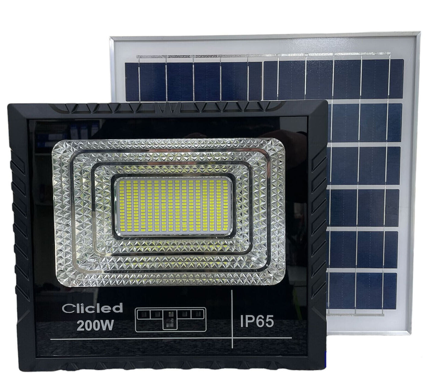 Solar-LED-Scheinwerfer 200 W mit Solarpanel-Ladeanzeige, kaltes Licht, angeklickt 