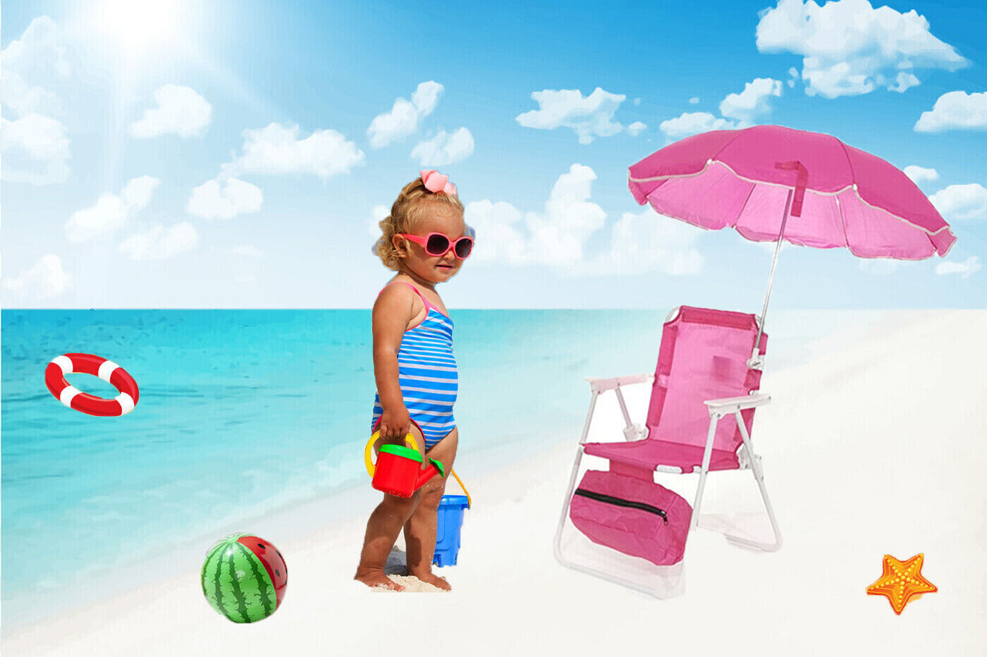 Sedia Mare Per Bambini Ombrellino Spiaggina Bimba Pieghevole Rosa