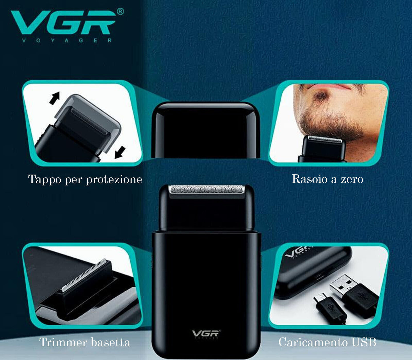 Rasoio Elettrico Barba Uomo Portatile Ricaricabile Sottile Verde Nero VGR V-390