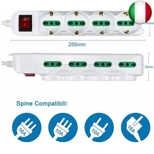 Ciabatta Multipresa elettrica 12 Posti 4 polivalenti (schuko 10/16A) cavo 3-5 M