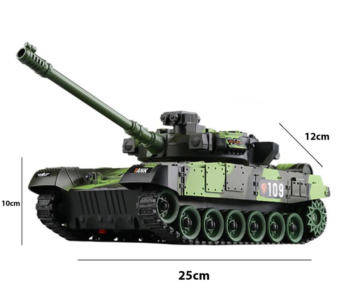 Carro Armato Telecomandato Giocattolo Effetti Sonori Luci Cannone Rotazione 360