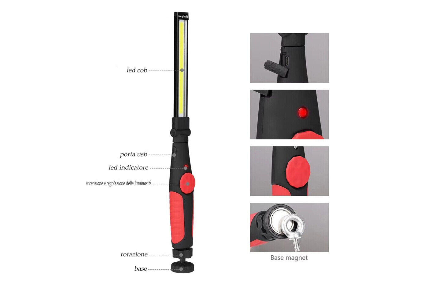 Torcia led portatile usb ricaricabile calamita regolabile lampada lavoro