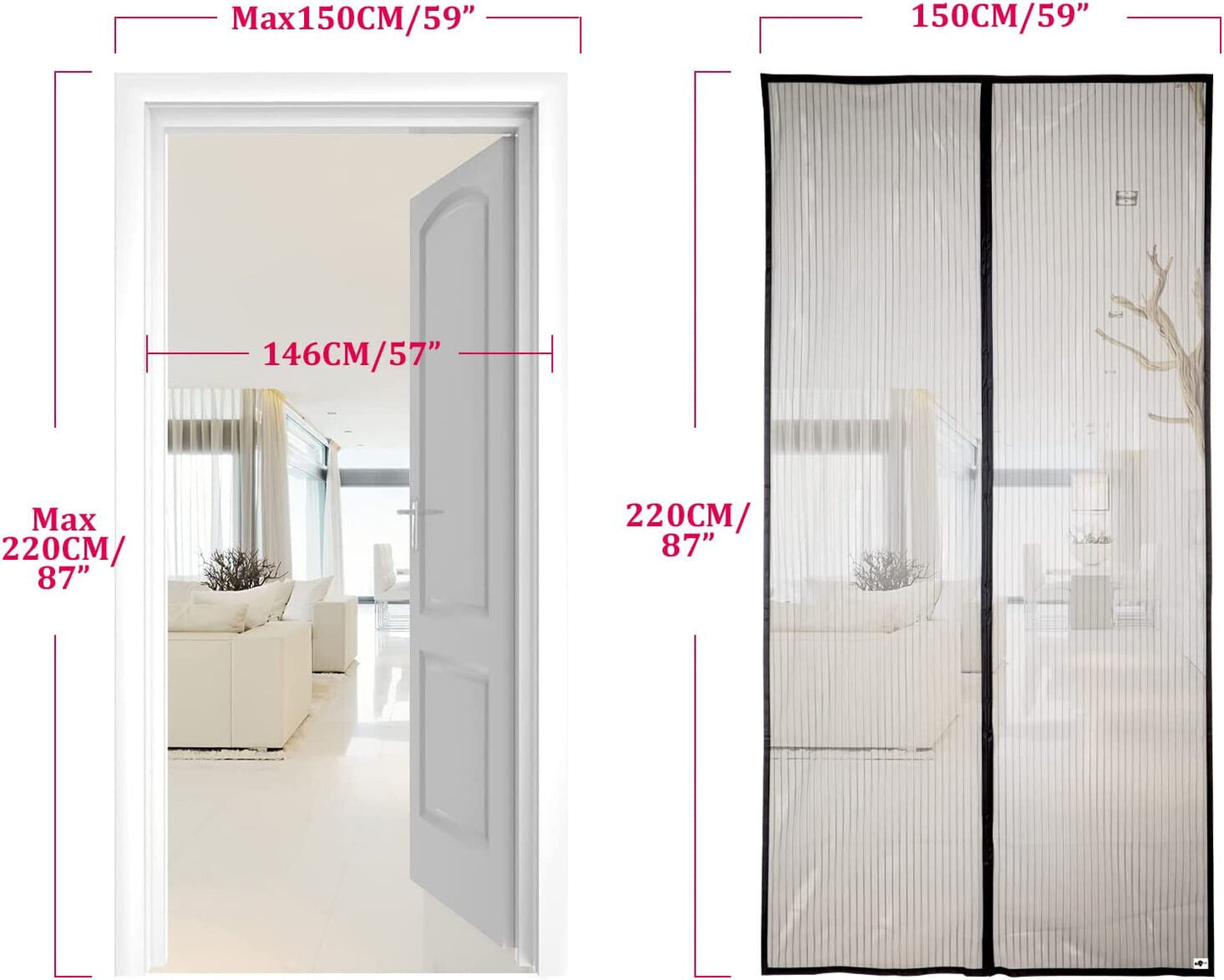 Zanzariera con Magneti per Porte 150 x 220 CM - 130 x 240 CM Rete Fine Tenda mag