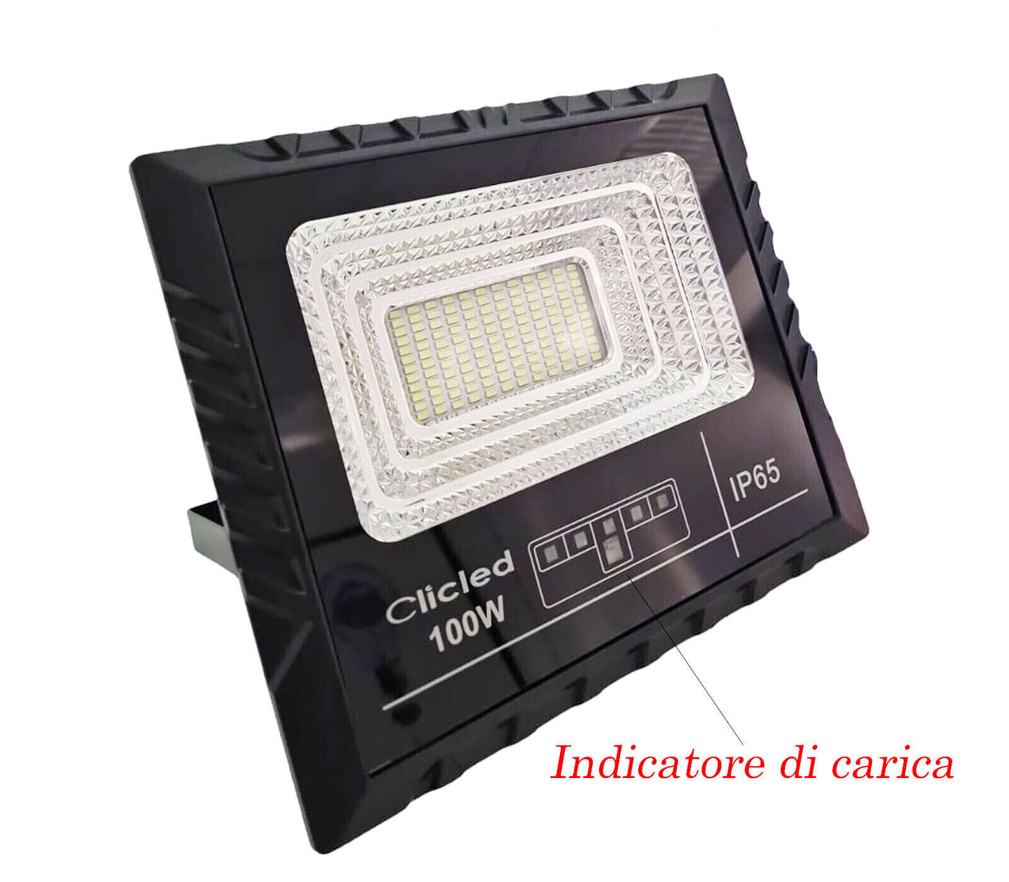 Faro LED Solare 100W Con Pannello Solare Indicatore Carica Luce Fredda Clicled